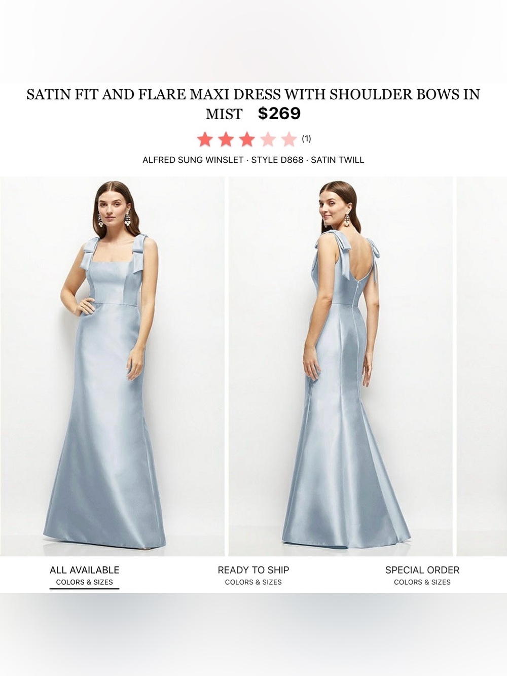 ALFRED SUNG Mist Blue Satin Twill Maxi Dress with Shoulder Bows